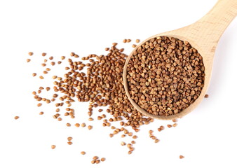 Buckwheat seeds in wooden spoon isolated on white background, top view