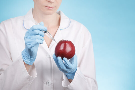Hand holding apple fruit with syringe with chemical fertilizers of red colour in apple. GMO and pesticide modification.