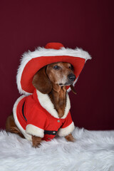 Super cute Christmas dachshund dog in a Santa's costume and hat on a dark red background in studio