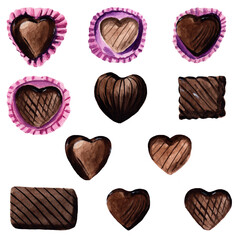 set of heart shaped chocolates. Valentine's day. Love, food, holiday, gift. Watercolour technique. Isolated on a white background