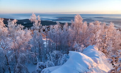 Snow-covered pines and birches on the mountain in winter against the background of the forest and the sky in the rays of the setting sun