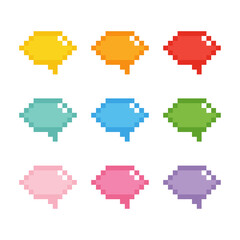 Set, collection of colorful pixel speech bubble icons.

