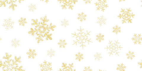 Yellow, gold snowflakes seamless pattern, white background. Flying snow. Winter abstract Christmas and new year backdrop. illustration.