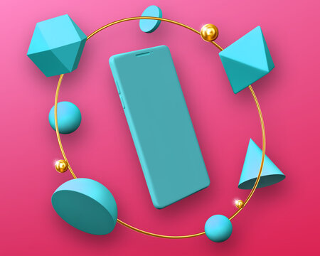 Abstract design with smartphone mockup in round frame of geometric 3d shapes hemisphere, octahedron, sphere, cone, cylinder and icosahedron on pink background with gold pearls, vector mobile rendering