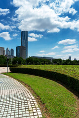 Obraz premium city park with modern building background in shanghai