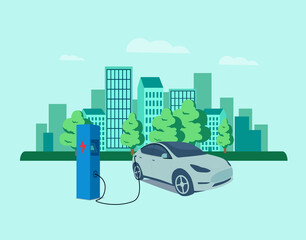 Electric car charging its battery with natural landscape