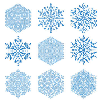 Set of vector blue snowflakes. Light blue winter ornaments. Snowflakes collection. Snowflakes for backgrounds and designs