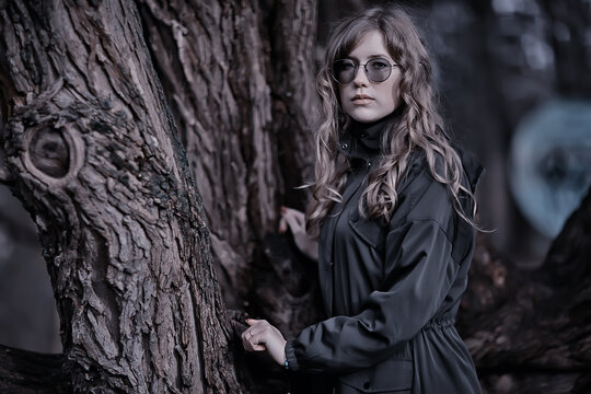 girl glasses autumn portrait, an adult woman glamorous autumn look