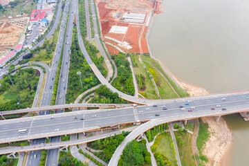 Transport junction traffic road with vehicle movement aerial view by drone