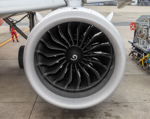 Jet engine of airplane. This propulsion of passenger fixed-wing aircraft.