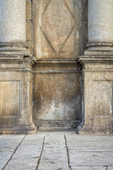 Old wall and columns in Catholic church architecture. The building part of Ruins of Saint Paul's.