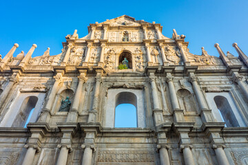 Bottom up view of the St. Paul's Ruins. It is the southern stone facade of Roman Catholic Church in Macau, China, Asia.