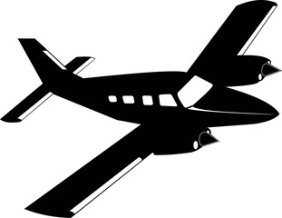 Silhouette of a private twin-engine propeller-driven aircraft.