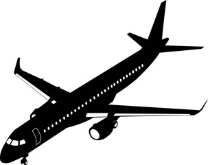 Silhouette of a passenger jet with landing gear released.