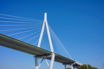 Tower, cables and deck of Tempozan Bridge. It is a cable-stayed bridge with harp design in Osaka, Japan.