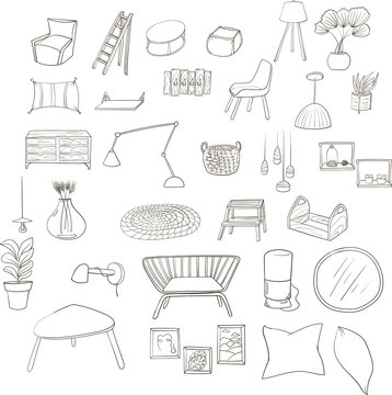 Vector set of furniture and accessories in the Scandinavian interior. Doodle hand-drawn style.