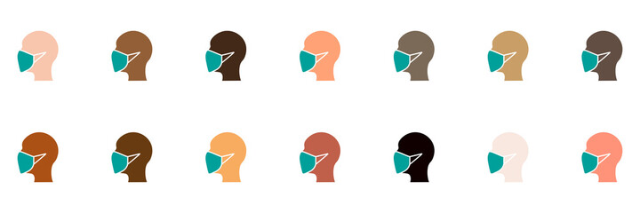 Männer mit Maske, verschiedene Nationalitäten/Hautfarben, Icon, Schutz, Maßname, Virus. Diversität