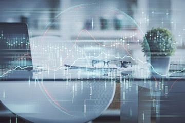 Fototapeta premium Double exposure of financial graph drawing and office interior background. Concept of stock market.