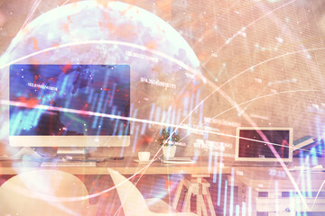 Multi exposure of financial graph drawing and office interior background. Concept of market analysis.