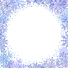 Fototapeta premium Blue and white vector card for holiday with arabesques and snowflakes. Blue greeting card. Pattern with snowflakes