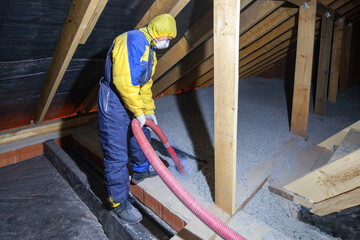 Insulation of the attic with cellulose insulation. Spraying from a hose - obrazy, fototapety, plakaty