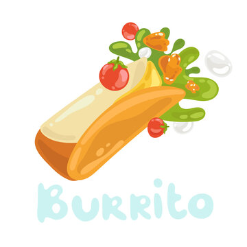 Mexican burrito icon. Mexican traditional cuisine. Kawaii illustration for menu label, banner, branding. Kebab roll with chicken meat and vegetables. Simple modern flat design. Side view clipart