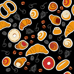 Seamless background with bakery labels and berry and coffee outl