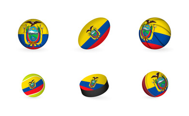 Sports equipment with flag of Ecuador. Sports icon set.