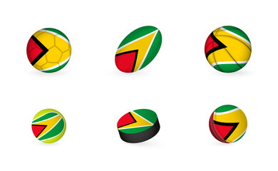 Sports equipment with flag of Guyana. Sports icon set.