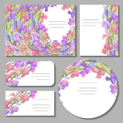 Set with floral romantic templates. Irises. For design gift boxes, announcements, postcards