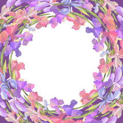Round season wreath with irises isolated on violet