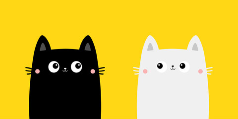 Cat set. Two black and white kitten head face silhouette. Funny Cute kawaii cartoon baby character. Love couple. Notebook sticker print template. Happy Halloween. Flat design. Yellow background