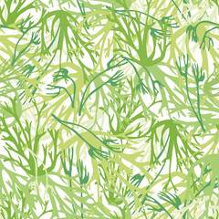 Monochrome green lichen texture seamless vector pattern background. Overlapping hand drawn oakmoss leaves dense design. Textural backdrop of forest foliage. Botanical over print for organic packaging