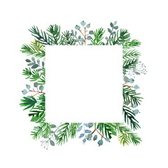 Christmas square frame for congratulations. Winter twig decoration