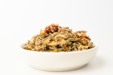 Stir-fried anchovies on white background