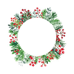 Christmas wreath. Ornaments from the branches painted with watercolors on white background. Branches of trees. 