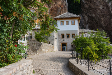 Beautiful view of the Dervish House under the rock in Blagaj. Bosnia and Herzegovina