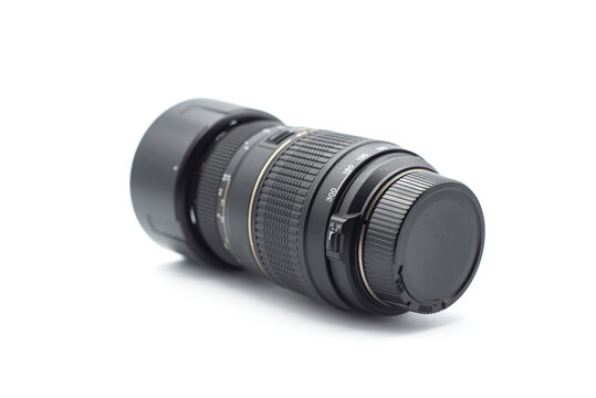 Closeup of optical zoom 100-300mm on white background