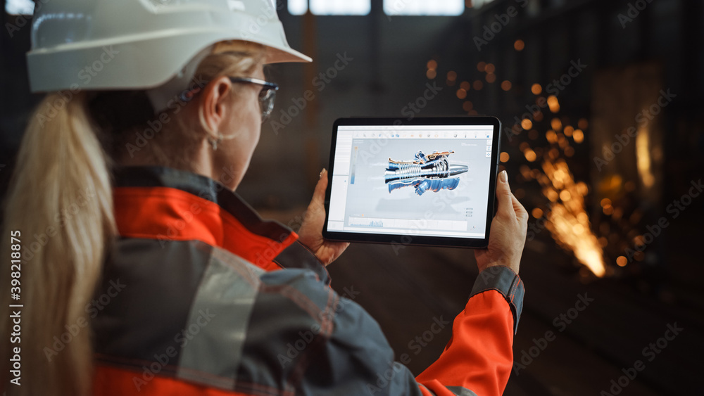 Aufkleber professional heavy industry engineer uses tablet computer for augmented reality render with interact