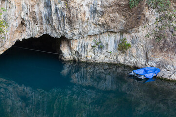 The cave from which the river Buna flows in the town of Blagaj. Bosnia and Herzegovina