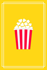 Popcorn. Movie night cinema icon. Pop corn food. White red strip box, drinking glass. Cute frame banner decoration template. Flat design style. Yellow background. Isolated.