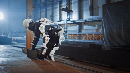 Obraz na płótnie Canvas Black African American Engineer is Testing a Futuristic Bionic Exoskeleton and Picking Up Metal Objects in a Heavy Steel Industry Factory. Contractor is Heavy Lifting Steel Parts in a Powered Shell.