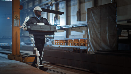 Black African American Engineer is Testing a Futuristic Bionic Exoskeleton and Proudly Wearing it in a Heavy Steel Industry Factory. Powered Mobile Machine Shell made for Helping Workers.