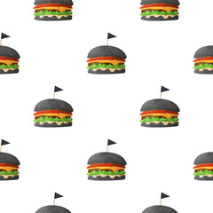 Fototapeta na wymiar Seamless pattern with black burger. Suitable for postcards, clothing, and brown paper. Vector.