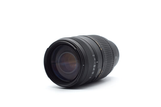 Closeup of optical zoom 100-300mm on white background
