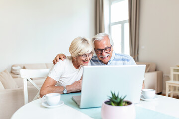 Obraz premium Happy senior couple with laptop having video call. Retirement senior couple lifestyle old age, communicate connecting technology people, quarantine concept.