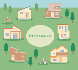 現代のおしゃれな一軒家の街並みイラストセット Wall Mural 市田ほのか