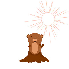 Groundhog from the hole in the background of the sun, vector art illustration.