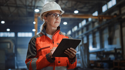 Professional Heavy Industry Engineer/Worker Wearing Safety Uniform and Hard Hat Uses Tablet Computer. Serious Successful Female Industrial Specialist Walking in a Metal Manufacture Warehouse. - obrazy, fototapety, plakaty