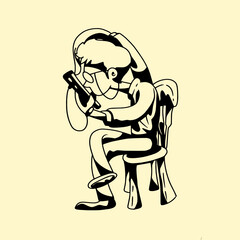 Man addicted cellphone vector drawing illustration